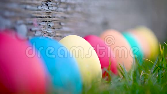 五颜六色的复活节彩蛋在一片草地上排成一排背景是木制的视频的预览图