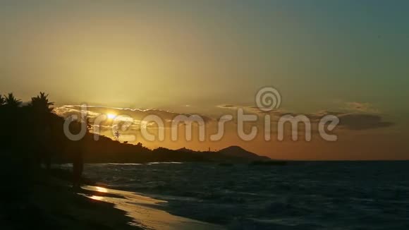黄色的太阳落在大云后面棕榈树在海滨形成了轮廓视频的预览图