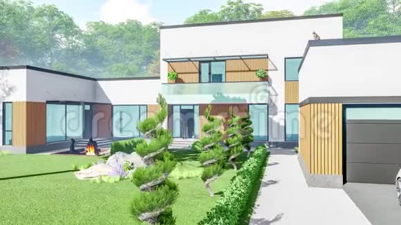 一座现代乡村豪宅的三维插图春天阳光明媚视频的预览图