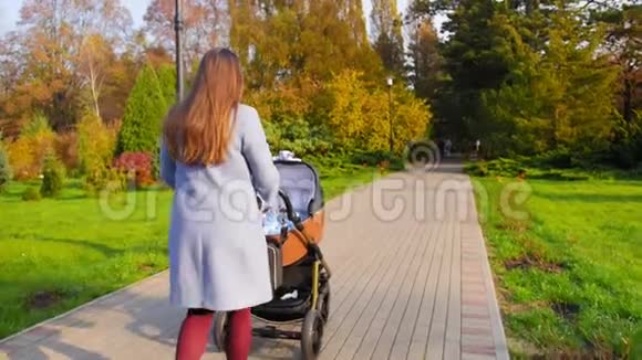快乐的年轻妈妈和宝宝一起走在公园秋天的婴儿车里环顾四周生育观念中等视频的预览图