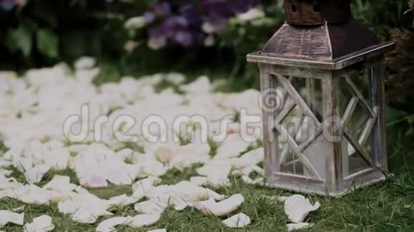 很漂亮的婚礼装饰玫瑰花瓣散落在地上视频的预览图