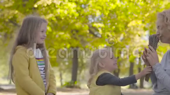两个可爱的白种人女孩亲吻母亲的肖像漂亮的金发卷发女人享受假期视频的预览图