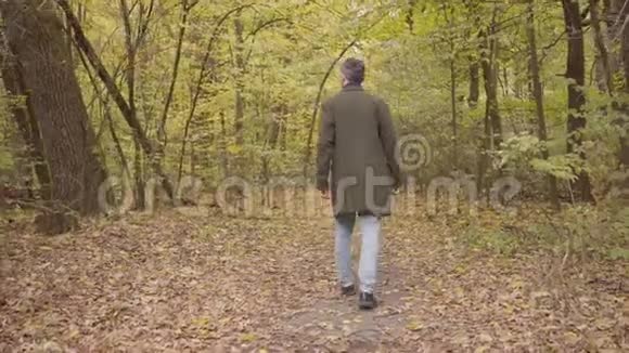 一个白人成年人在森林里走的背影一个穿着便服的人享受宁静的秋日视频的预览图