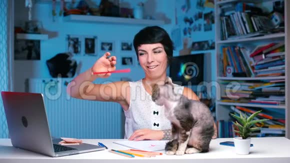 这个女孩在办公室的桌子上玩铅笔和猫视频的预览图