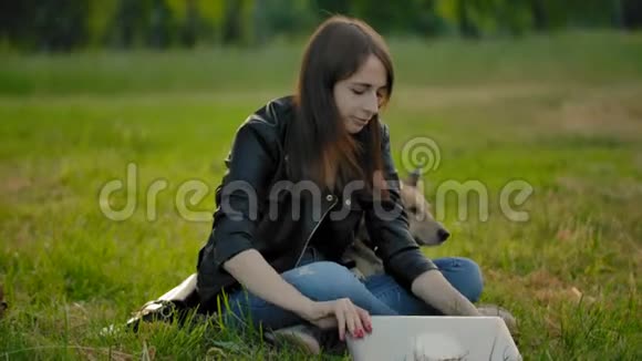 一个自由职业者女孩打开她的笔记本电脑工作时坐在草地上在她的狗旁边的公园视频的预览图