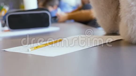 以色列白人少女天才少女在一个小学班级的笔记本上写字视频的预览图
