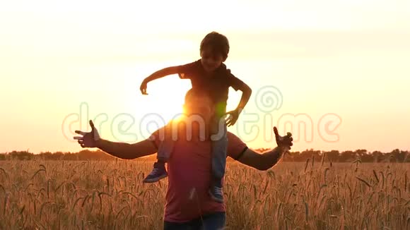 快乐的父子玩耍模拟飞行在日落时双手在麦田的两侧慢悠悠地视频的预览图