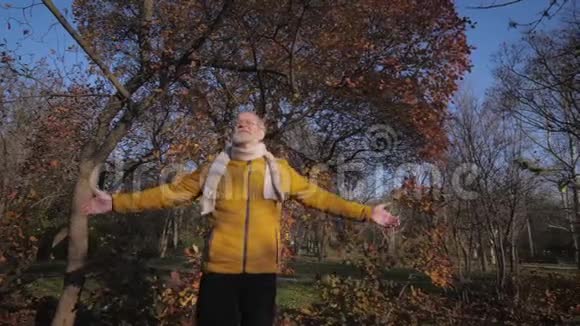 在公园里一个温暖的秋日里一个双手向上旋转的老人在散步时享受着新鲜的空气和阳光视频的预览图