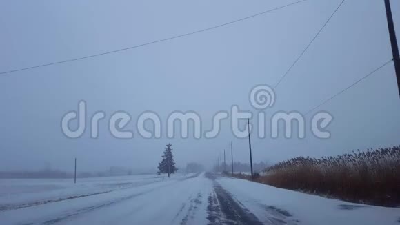 白天在农村公路上驾驶冬季暴风雪司机视角POV雪雪暴雪视频的预览图