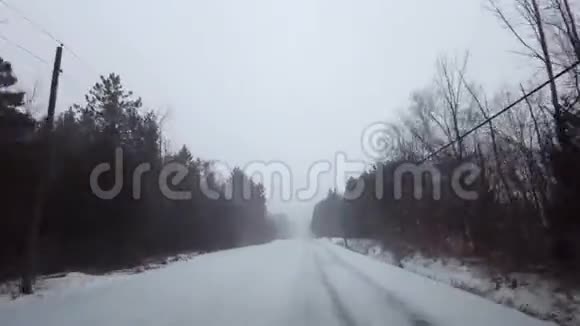 较轻版本在冬季暴风雪期间驾驶乡村常绿森林道路查看POV雪雪暴雪的驱动点视频的预览图