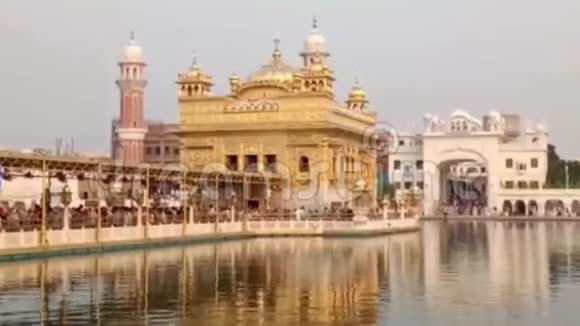 美丽的金寺观在阿姆利则在印度阿姆利则日落时一个广角的金寺盘锡克教徒朝拜视频的预览图