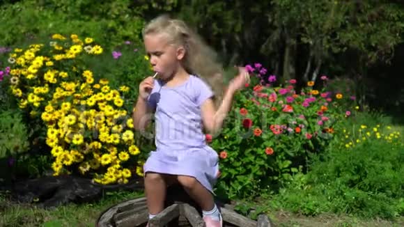 可爱的金发女孩坐在五颜六色的zinnia花之间的复古轮上视频的预览图
