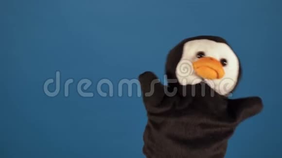 蓝色背景上的软木偶玩具木偶戏的概念木偶企鹅的特写视频的预览图