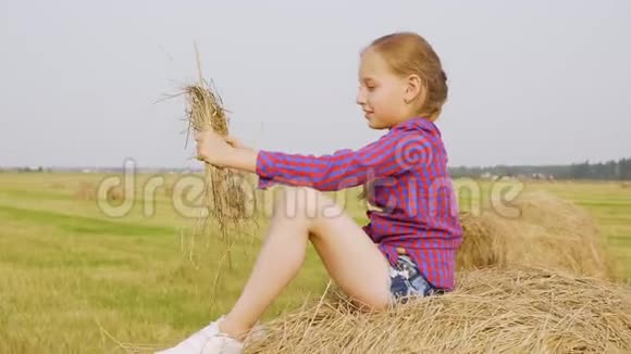 少女放草花圈哦她的头坐在干草堆上侧面看视频的预览图