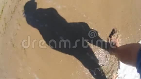 一个女孩走在岸边潮湿的沙滩上的黑影视频的预览图