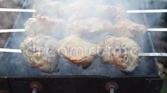 在户外烤架上烤生肉野餐时用木炭烤架烧肉刺刀炸肉片视频的预览图