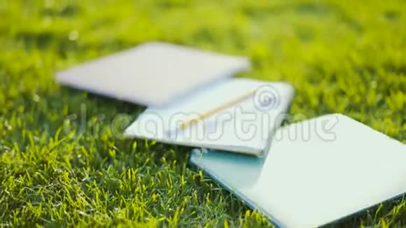 学生笔记本躺在草地上软背光4K视频的预览图