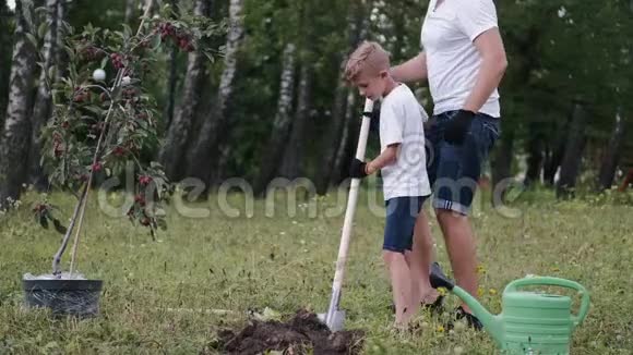 父子俩在公园里一起在泥土上挖洞视频的预览图