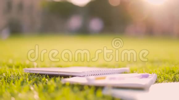 特写学生笔记本趴在草地上柔和背光日落或黎明4K视频的预览图