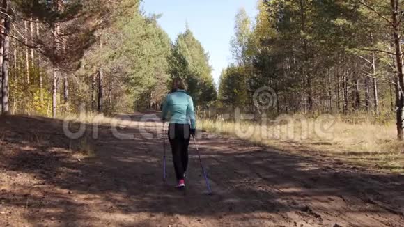 女人练习北欧在秋天的森林里行走她在沙地路上远离相机视频的预览图