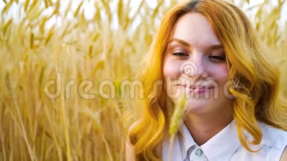 浪漫的女孩把麦穗放在头发上视频的预览图