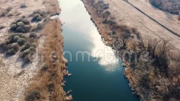 乡间宁静的河流从上面看这是一条神奇的河流平静的河水坐落在大自然的一片春天的森林旁视频的预览图