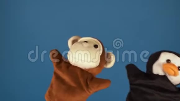 蓝色背景上手上的软木偶玩具木偶戏的概念与木偶猴子和企鹅亲密接触视频的预览图