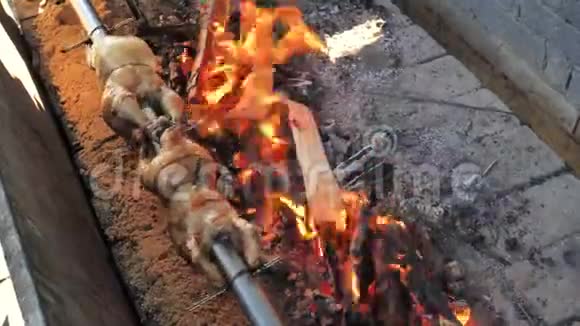 烤鸡和肉在烤架上两只吐着唾沫的鸡在烤焦里烤两只皮塔在烤架上烤手把它们翻过来视频的预览图