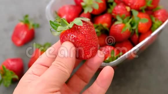 人的健康和新鲜草莓新鲜草莓在一个人手中特写视频的预览图