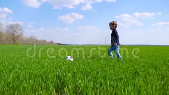 快乐的孩子跑过草地慢悠悠地踢着足球视频的预览图
