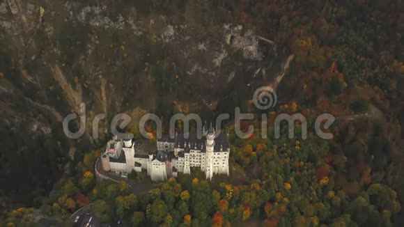 鸟瞰森林山脉夏季雾状色彩斑斓的Neuschwanstein城堡视频的预览图