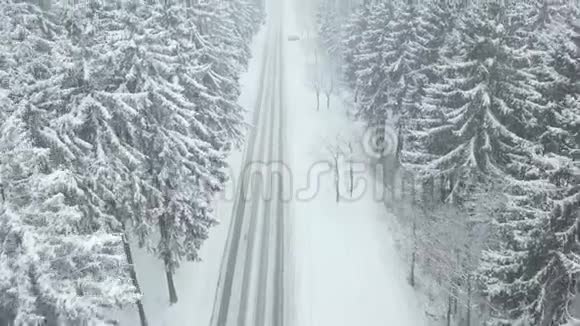 爱丽飞越美丽的白雪森林街道在德国森林陶努斯冬天雪视频的预览图