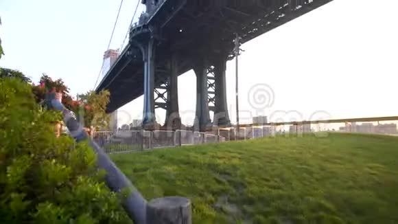 阳光明媚的一天阳光明媚的草地上从美国纽约市布鲁克林大桥下观看视频的预览图