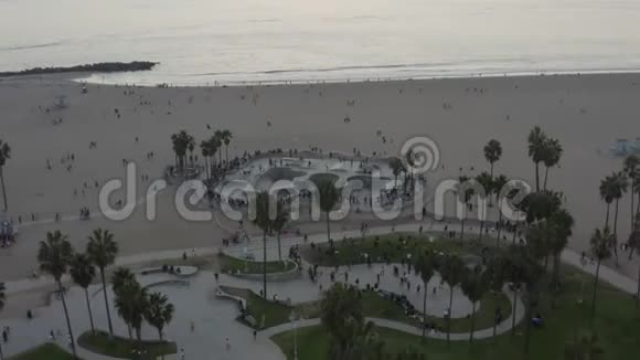 飞机从威尼斯海滩滑雪场起飞带游客和棕榈树洛杉矶日落视频的预览图