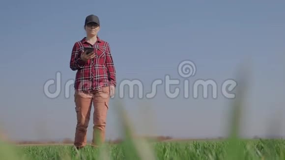 女孩农民红脖子与数字平板行走在土地上播种在绿色的田野生态农业概念视频的预览图