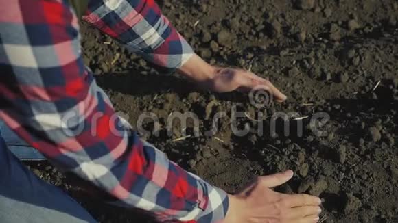 农夫手里拿着一堆泥土生态农业地面农业概念男性工人研究黑土视频的预览图