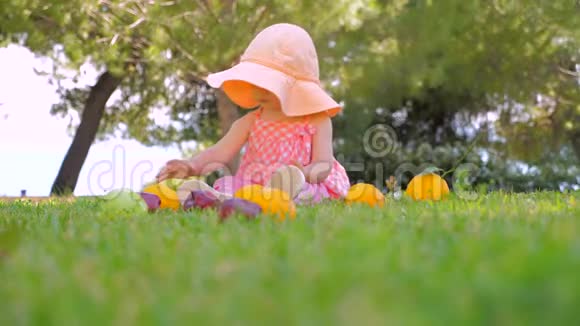 幼儿坐在绿草上等妈妈蒙台梭利概念小公主在户外玩水果视频的预览图