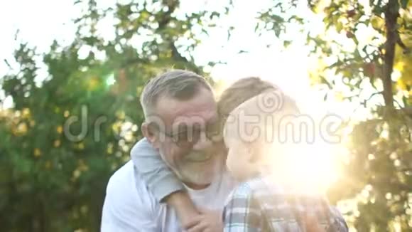 有胡子和眼镜的祖父和他的两个孙子在苹果园玩得很开心两个幸福的家庭视频的预览图