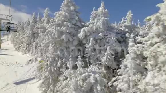 从滑雪斜坡的椅子升降台上可以看到覆盖着雪的树木视频的预览图