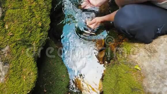 一个年轻的旅行者从山河或春天喝干净的清水视频的预览图