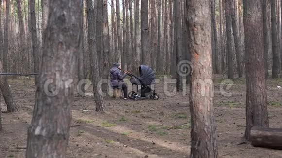 祖母和她的孙子或孙女在森林里散步有婴儿车的老年妇女在树桩上休息视频的预览图