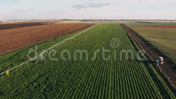 工业农业4K空中视频镜头夏季农田灌溉无人机射击夏季黎明农业视频的预览图