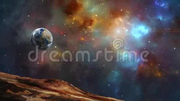 太空场景地球行星在五颜六色的分形星云中飞行美国宇航局提供的元素3D绘制视频的预览图