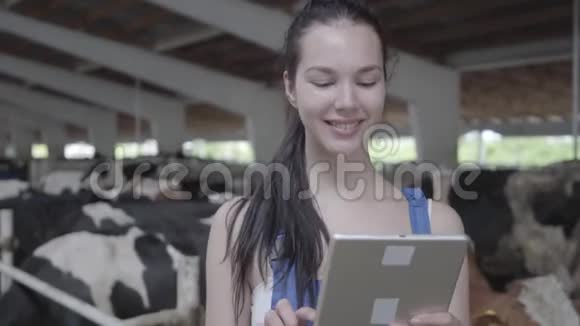 年轻的女农民带着奶牛在农场参观谷仓在平板电脑上记录证词Calced进料过程视频的预览图