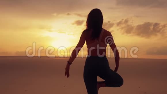 沙漠中一条腿上站立的女性冥想瑜伽平衡剪影视频的预览图