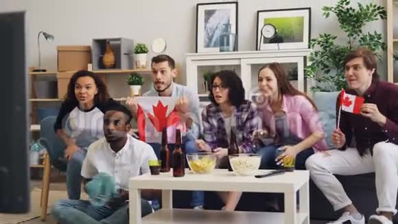 快乐的加拿大人在电视上观看体育节目欢呼着挥舞着旗子做着击掌视频的预览图