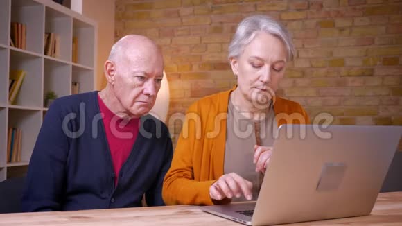 年长的白发白种人夫妇讨论笔记本电脑的内容被吸收并对办公室感兴趣视频的预览图