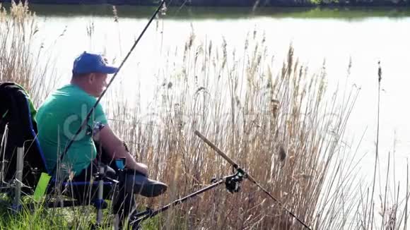 侧视渔夫坐在一张椅子上坐在茂密的草岸湖上钓鱼视频的预览图