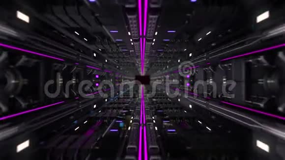 穿过高科技隧道动画未来主义隧道与黑色金属细节和霓虹灯线风格隧道视频的预览图