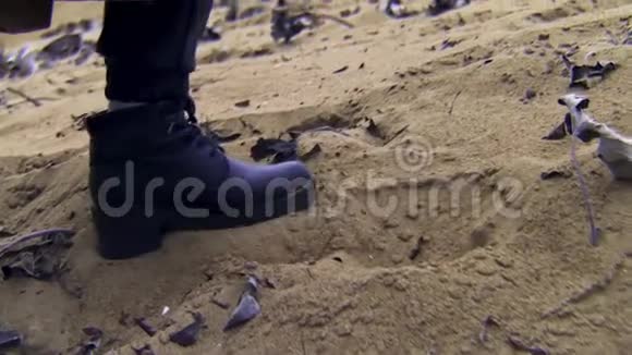 穿着黑色靴子用干树叶在沙子上行走的女人的脚库存录像穿着黑色皮靴的女性视频的预览图